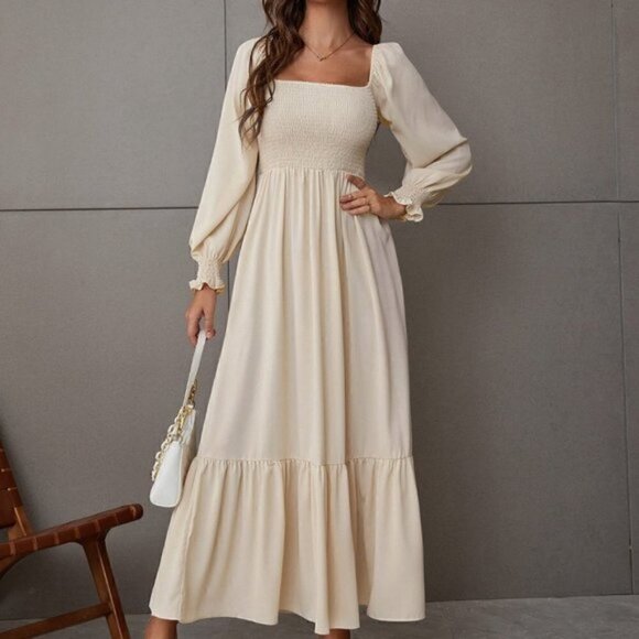 Apricot Boho Womens Square Neck Shirred Ruffle Hem Dress - Picture 5 of 5